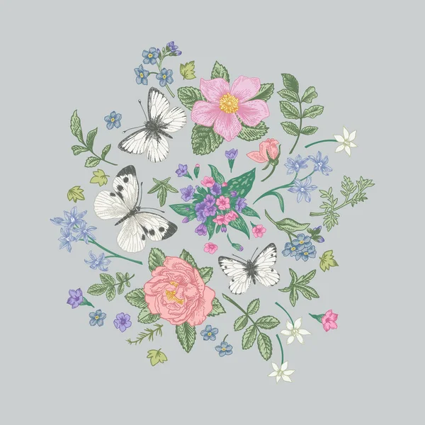 Composición Con Flores Mariposas Sobre Fondo Gris Colores Pastel Ilustración — Vector de stock