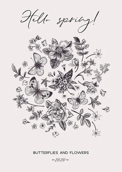 Tarjeta Floral Con Flores Primavera Mariposas Ilustración Botánica Vectorial Blanco — Archivo Imágenes Vectoriales