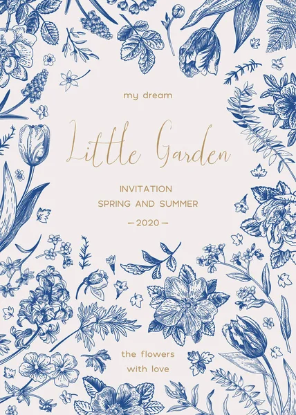 Bröllopsinbjudan Liten Trädgård Tulip Ros Hyacint Ormbunke Förgätmigej Geranium Vektor — Stock vektor