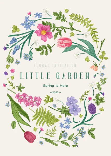 Moldura Floral Oval Ilustração Botânica Vetorial Pequeno Jardim Colorido — Vetor de Stock