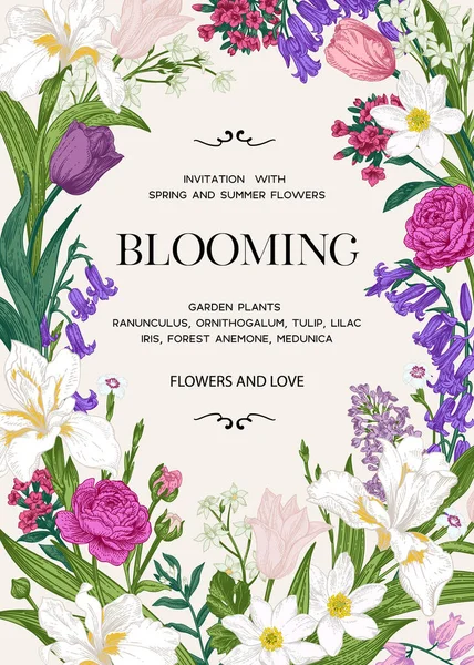 Vektor Blommigt Kort Stativ Med Trädgårdsblommor Botanisk Illustration Blommar Färgglada — Stock vektor