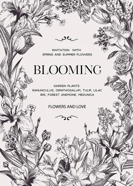 Florale Hochzeitseinladung Mit Gartenblumen Blüht Auf Vektorbotanische Illustration Schwarz Weiß — Stockvektor