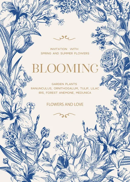 花と縦のフレーム 花の背景 庭の夏と春の植物 アイリス チューリップ ランクラス フォレストアネモネ ライラック — ストックベクタ