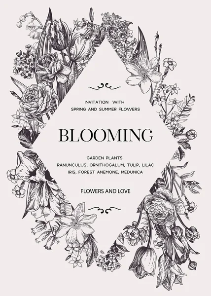 庭の花と花のフレーム ロムバス 垂直開花背景 植物ベクターイラスト 黒と白 — ストックベクタ