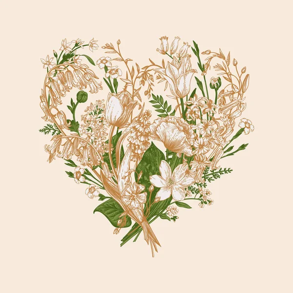 Kräuterherz Blumenstrauß Sommer Und Frühling Blumen Und Kräuter Vektorbotanische Illustration — Stockvektor