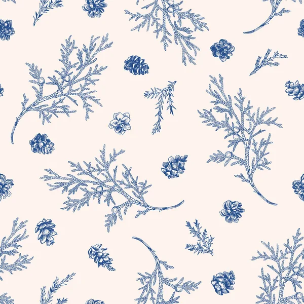 Sömlös Blå Blommig Vinter Mönster Enbärsgrenar Och Lärkkottar Vektor Botanisk — Stock vektor