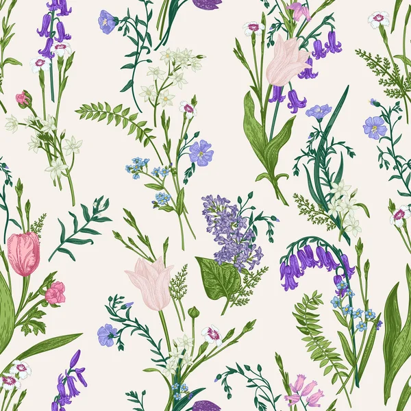 Bezešvé Botanické Vzory Zahradou Divokými Květy Vektorová Ilustrace Květinové Pozadí — Stockový vektor