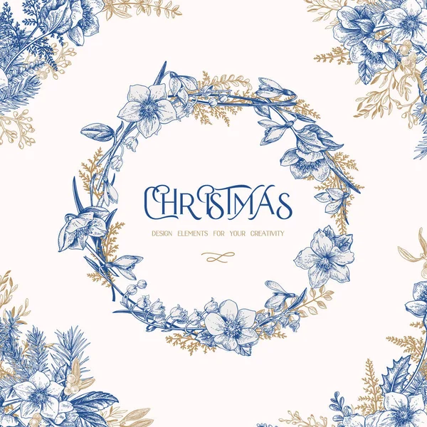 Christmas Wreath Floral Vintage Frame Winter Plants Vector Botanical Illustration — Stock Vector