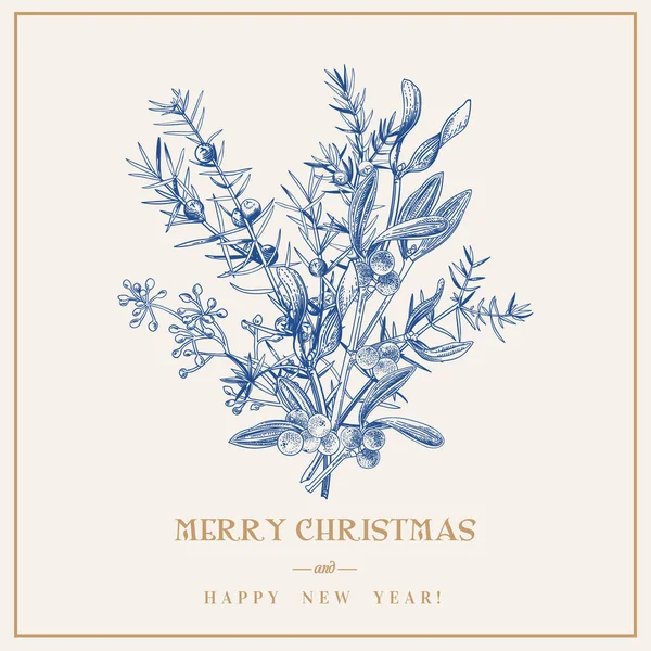 Cartão Felicitações Natal Com Buquê Plantas Inverno Estilo Gravura Ilustração —  Vetores de Stock