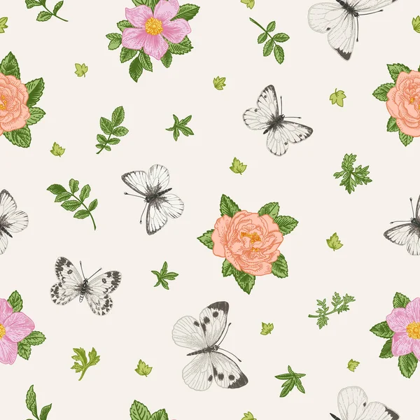 Nahtlos Romantisches Muster Mit Rosen Und Weißen Schmetterlingen Kleiner Garten Stockillustration