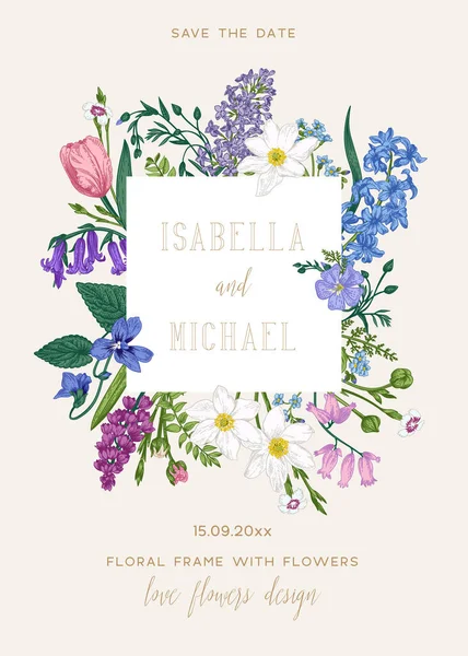 Tartsd Meg Dátumkártyát Kerti Virágok Virágminta Négyzet Alakú Kerettel Stock Illusztrációk