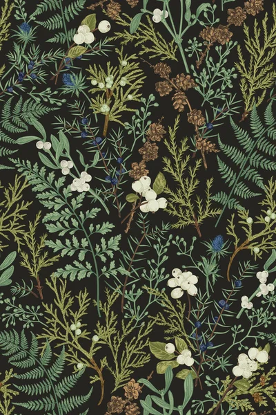Zauberwald Botanisches Nahtloses Muster Vintage Vektorillustration Grüne Pflanzen Auf Schwarzem Stockillustration