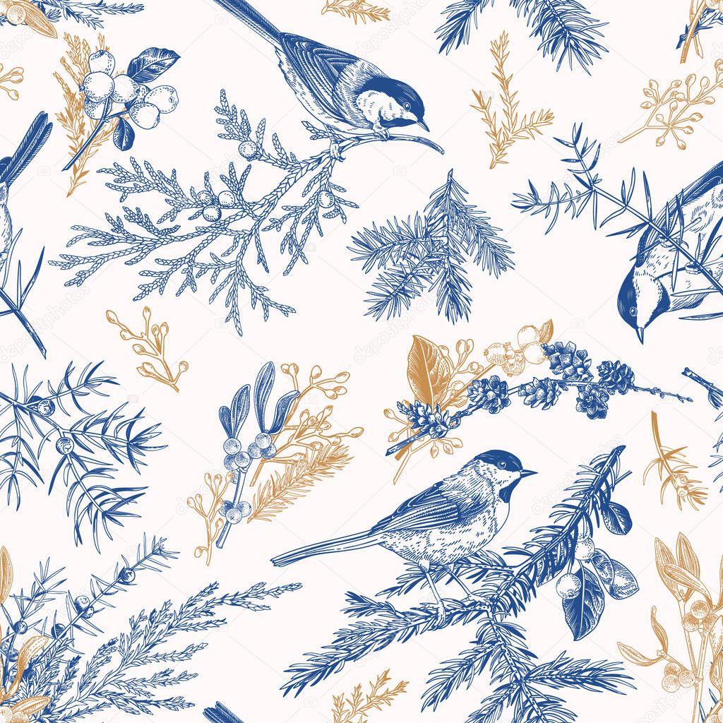 Blue seamless pattern with birds. Vintage style. Vector botanical illustration with winter plants: spruce, mistletoe, larch, eucalyptus seeds, snowberry.