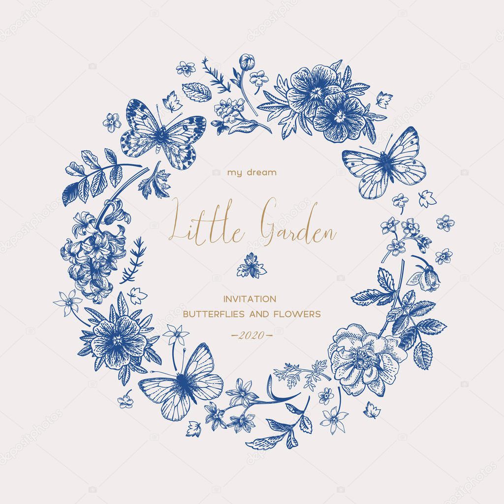 Vector wreath with butterflies and flowers. Delicate vintage background. Classic blue. 