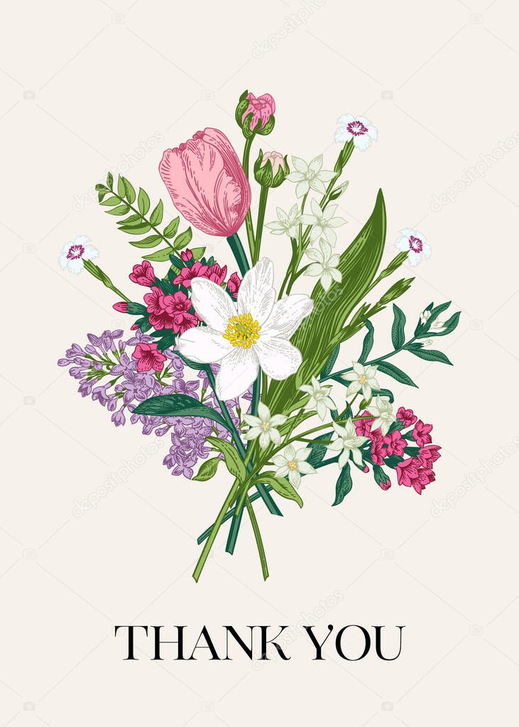 Floral blooming bouquet. Thank you card. Botanical vector illustration. Colorful.
