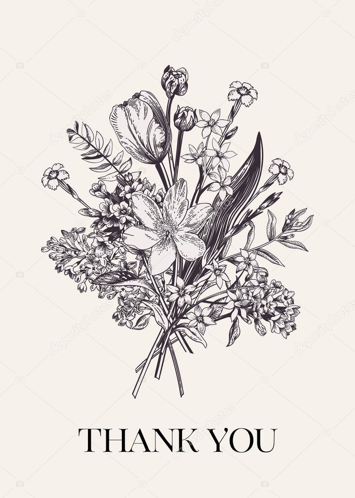 Thank you card. Flower bouquet. Garden and meadow flowers. Botanical vector illustration. Black and white.