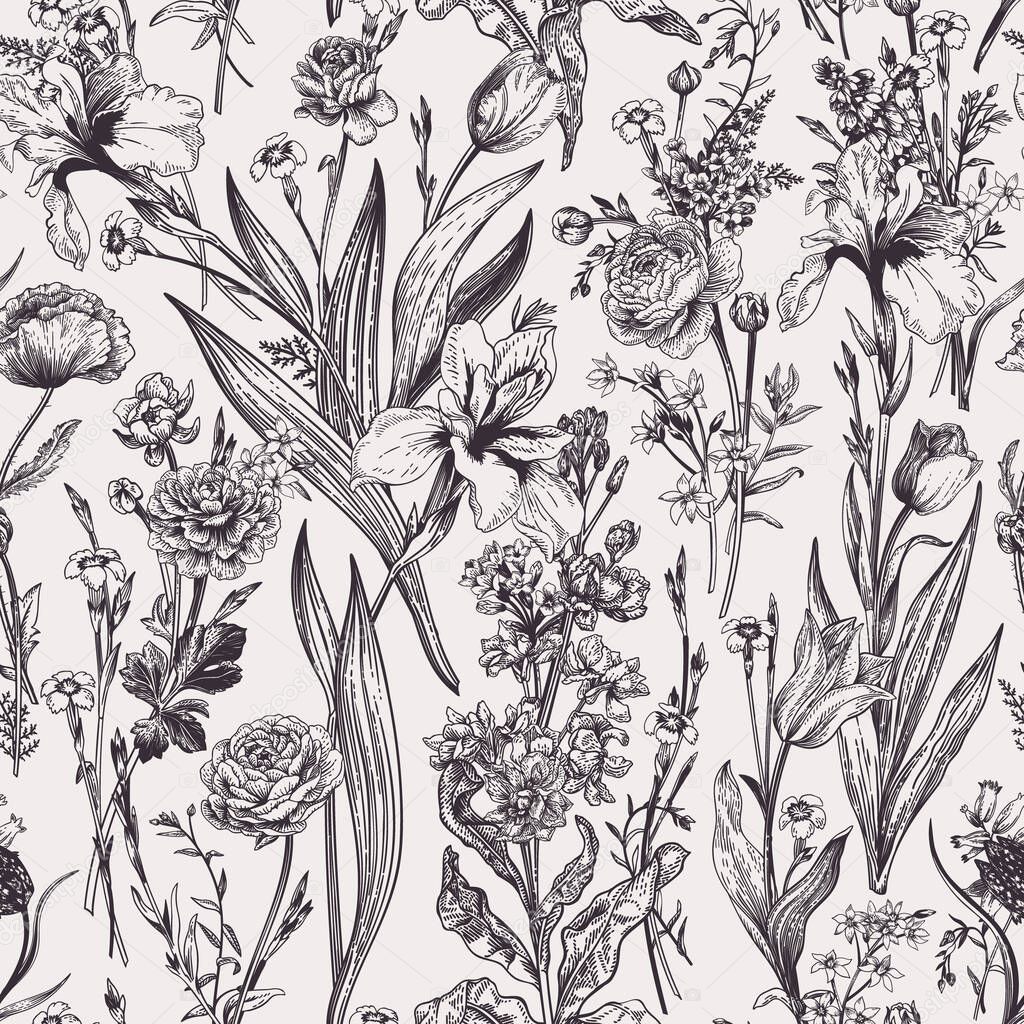 Seamless floral pattern with garden and meadow flowers. Black and white.