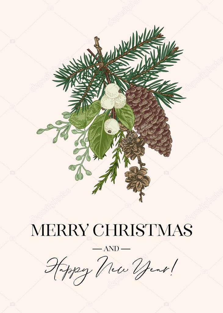 Botanical greeting card. Winter bouquet. Merry Christmas. Colorful.