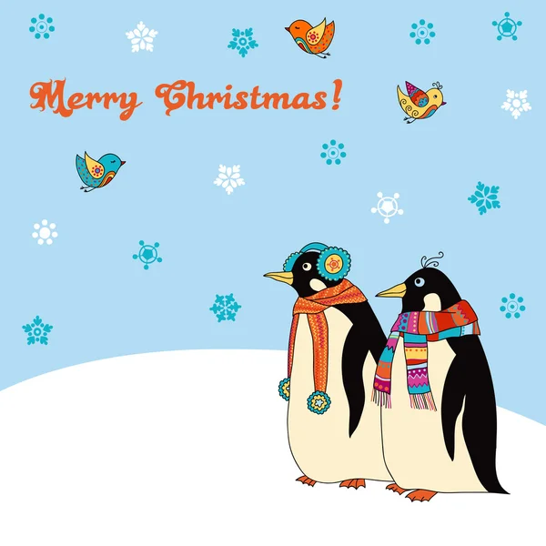 Carta con pinguini e uccelli . — Vettoriale Stock