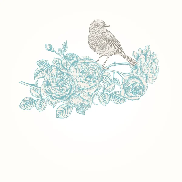 Φόντο με τριαντάφυλλα και πουλιά. — Διανυσματικό Αρχείο