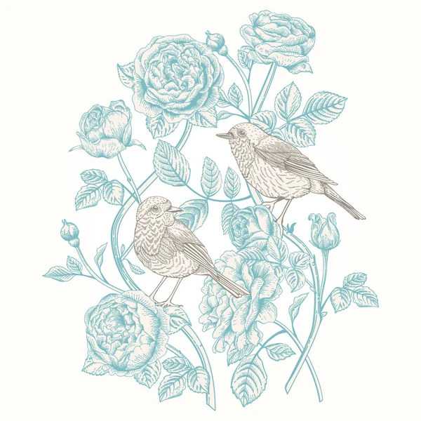 Kaart met rozen en vogels. — Stockvector