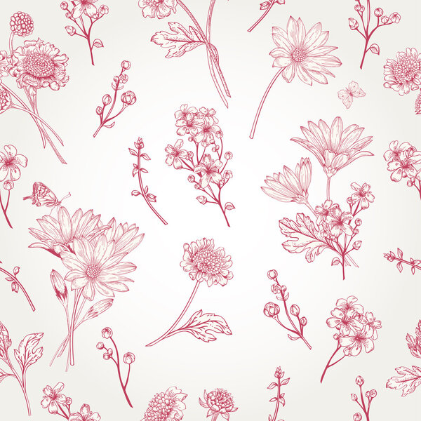 Seamless pattern with red flowers