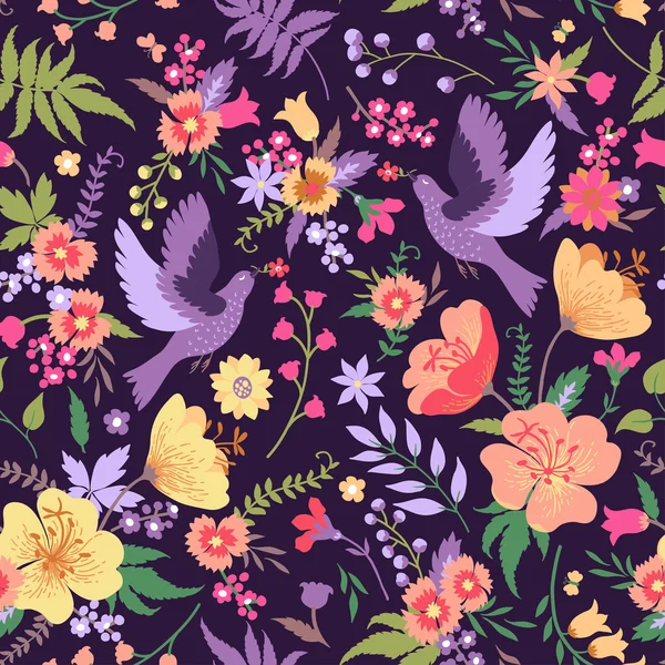 Шаблон с птицами и цветами — стоковый вектор