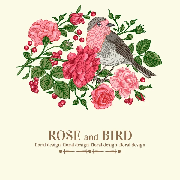 Hochzeitskarte mit Vogel, Rosen — Stockvektor