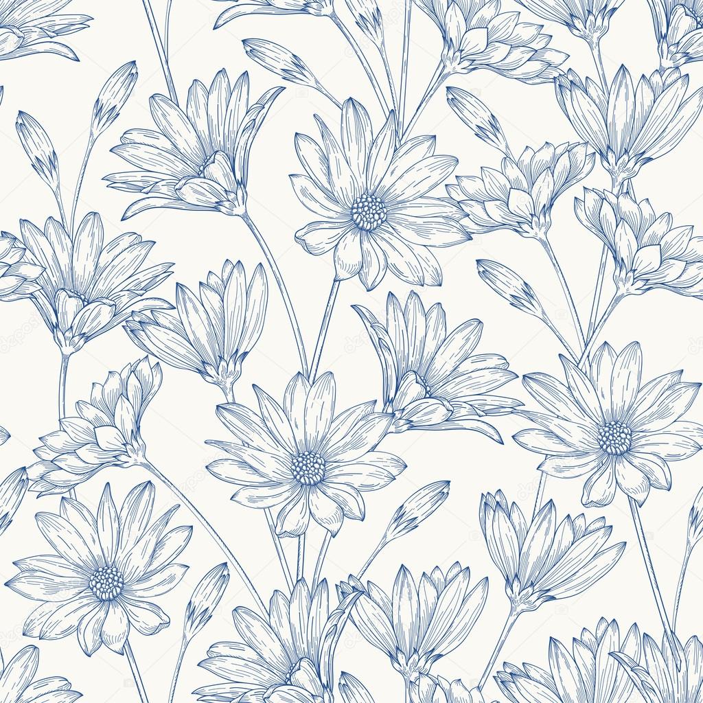 Pattern with blue daisies