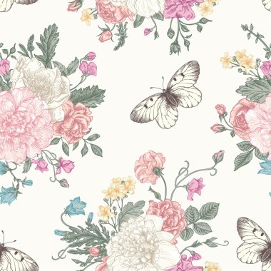 Dikişsiz desen çiçekler ve kelebekler.