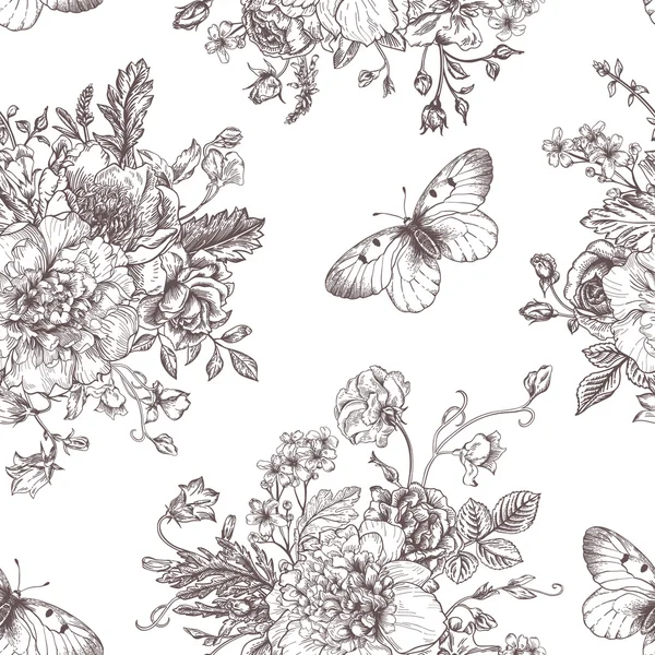 Nahtlose Muster Blumen und Schmetterlinge. — Stockvektor