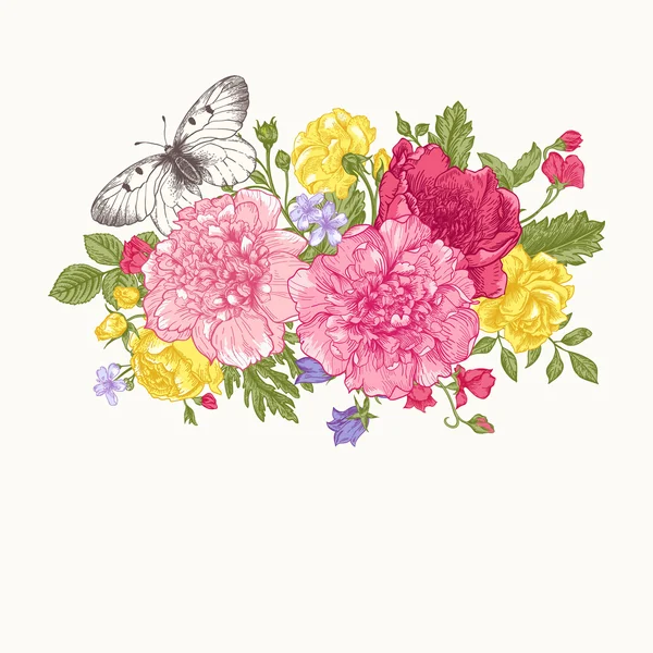 Bir buket çiçek ve kelebek kartıyla. — Stok Vektör