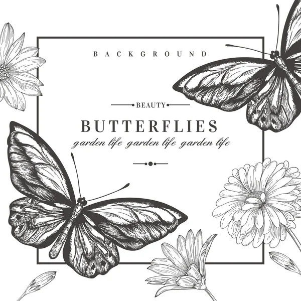 Tarjeta con mariposas y flores. — Vector de stock