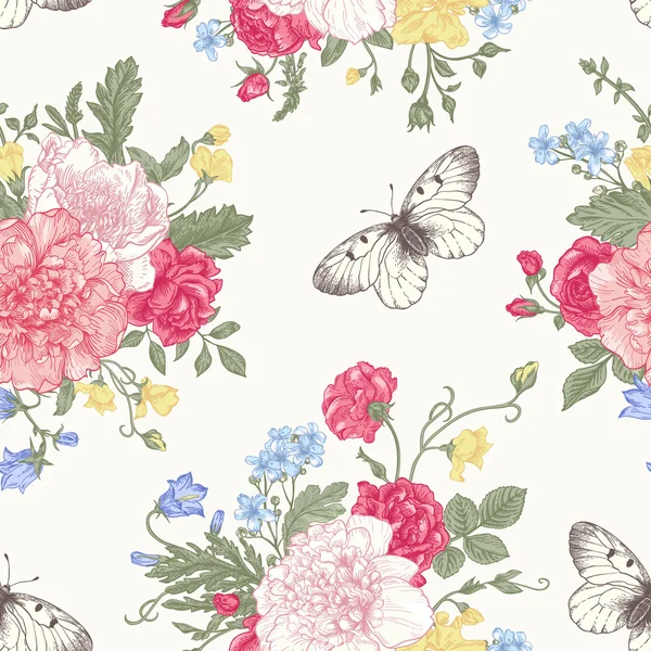 Patrón con flores y mariposas. — Vector de stock