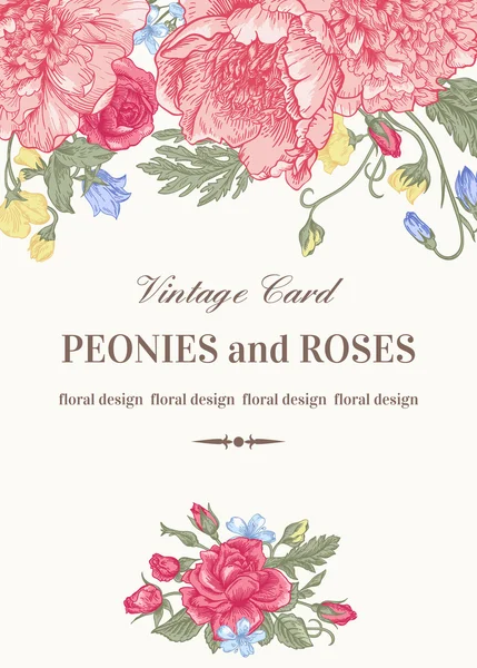 Cartão com rosas e peônias . — Vetor de Stock