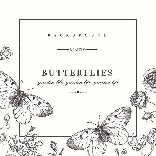 Tarjeta con mariposas y flores. — Vector de stock