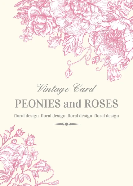 Carte avec roses et pivoines . — Image vectorielle