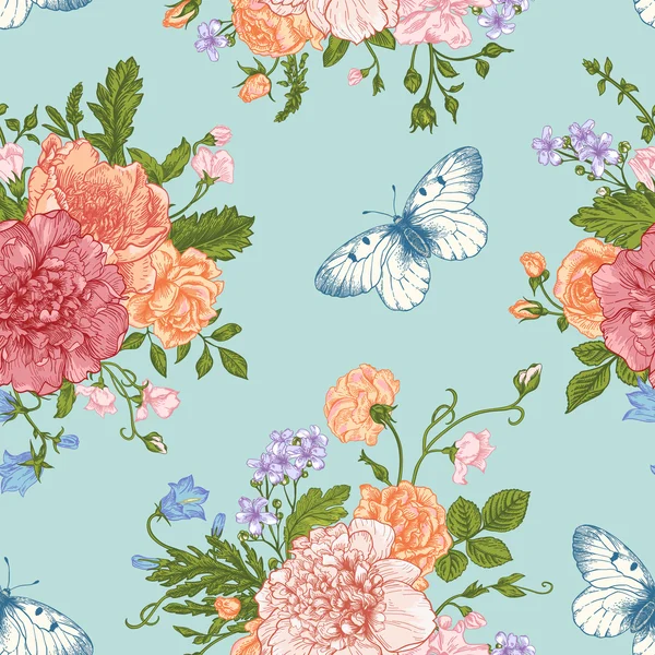 Muster mit Blumen und Schmetterlingen. — Stockvektor