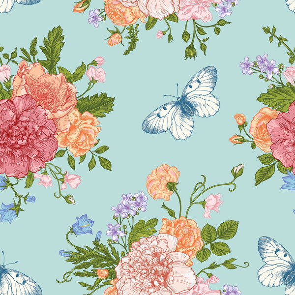 Patrón con flores y mariposas. — Vector de stock