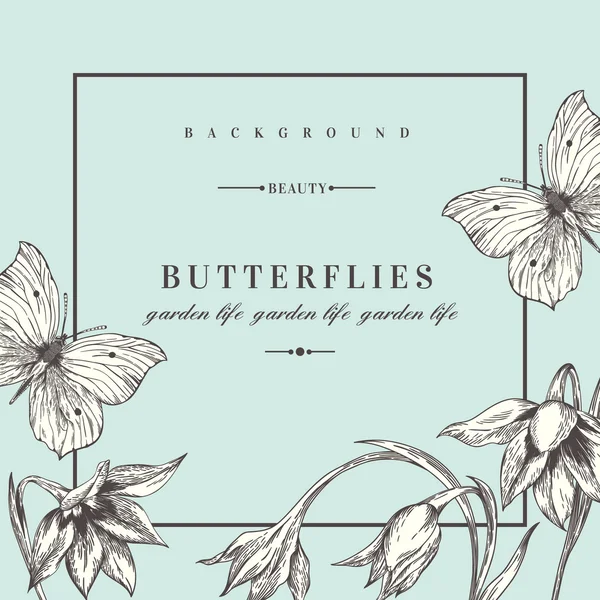 Hintergrund mit Blumen und Schmetterlingen. — Stockvektor