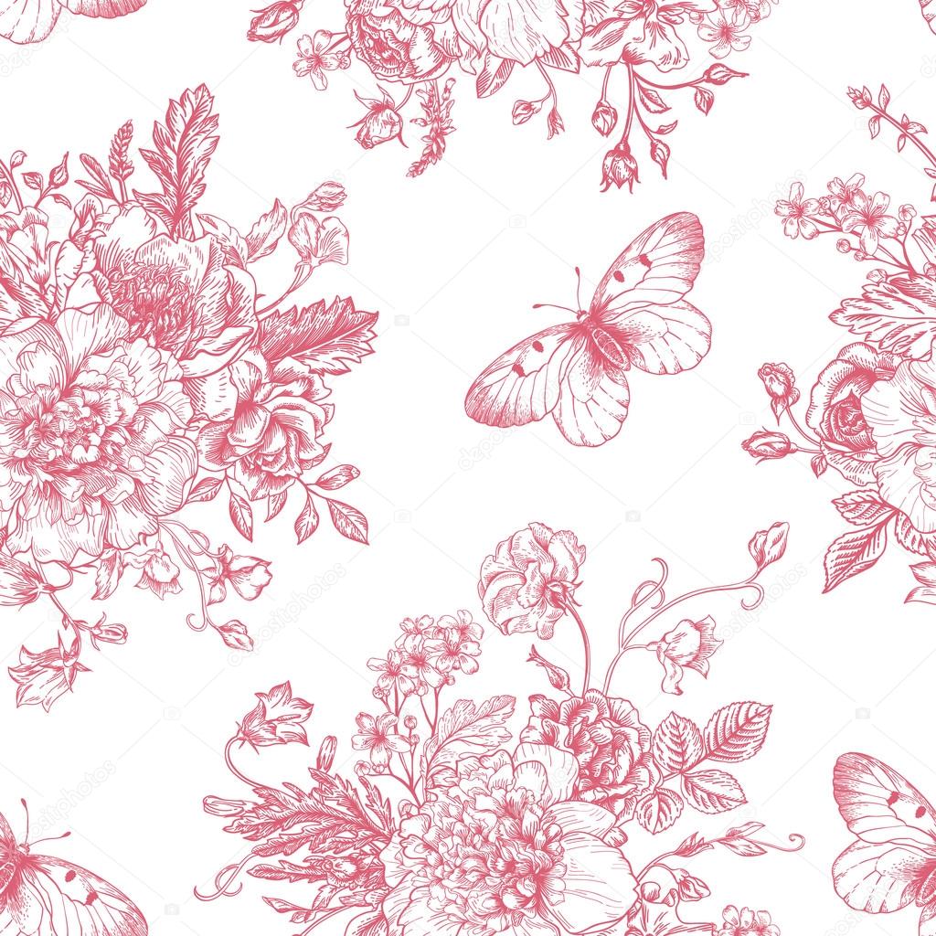 pattern with  flowers and butterflies.