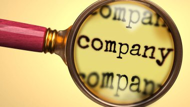 İnceleme ve çalışma şirketi, analiz etme, keşfetme, öğrenme ve şirkete daha yakından bakma sürecini sembolize etmek için bir büyüteç ve kelime şirketi olarak gösterildi.