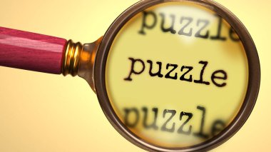 Analiz, keşif, öğrenme ve bulmacaya daha yakından bakma sürecini sembolize etmek için bir büyüteç ve kelime bulmacası olarak gösterildi.