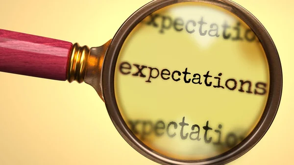 Examine Estudie Las Expectativas Mostradas Como Una Lupa Expectativas Palabras — Foto de Stock