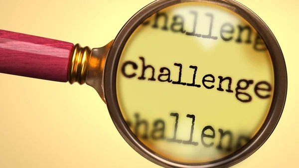 Examine Estudie Desafío Mostrado Como Desafío Lupa Palabra Para Simbolizar — Foto de Stock