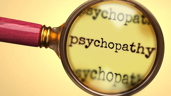 检查和研究精神病 表现为放大镜和文字精神病 象征着对精神病进行分析 学习和更仔细审视的过程 — 图库照片