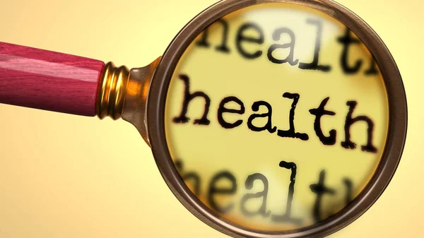 Examine and study health, showed as a magnify glass and word health to symbolize process of analyzing, exploring, learning and taking a closer look at health, 3d illustration