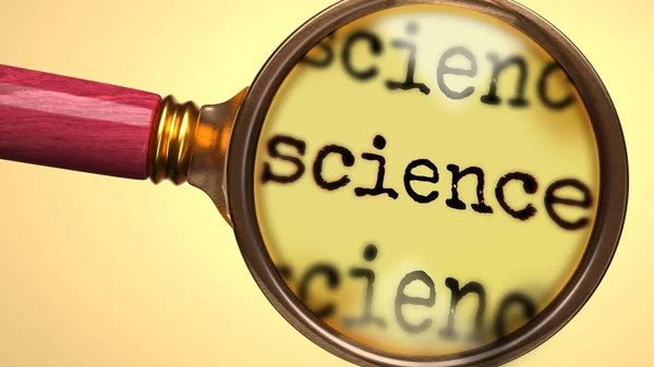 Examine and study science, showed as a magnify glass and word science to symbolize process of analyzing, exploring, learning and taking a closer look at science, 3d illustration