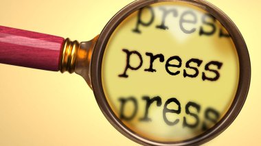 İnceleme ve çalışma baskısı, analiz etme, keşfetme, öğrenme ve basına daha yakından bakma sürecini sembolize etmek için bir büyüteç ve kelime presi olarak gösterildi.