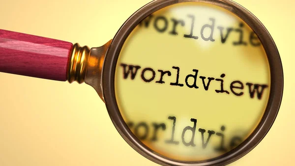 Dünya görüşünü inceleyin ve inceleyin, analiz etme, keşfetme, öğrenme ve dünya görüşüne daha yakından bakma sürecini sembolize etmek için bir büyüteç ve kelime dünya görüşü olarak gösterilmiştir.
